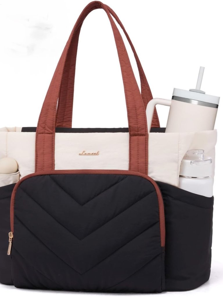 Puffer Tote Bag For Women, V-Quilted Puffy Teacher Tote Nurse Bag, Large Shoulde